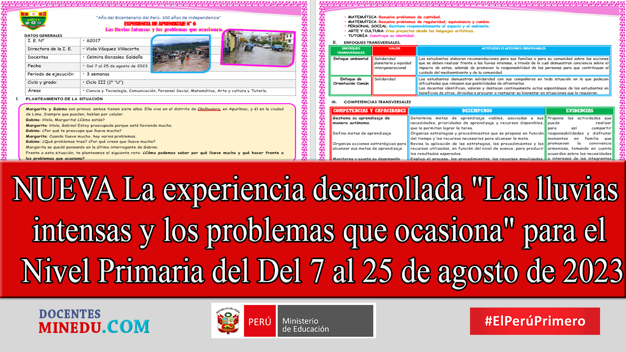 NUEVA La experiencia desarrollada «Las lluvias intensas y los problemas que ocasiona» para el Nivel Primaria del Del 7 al 25 de agosto de 2023