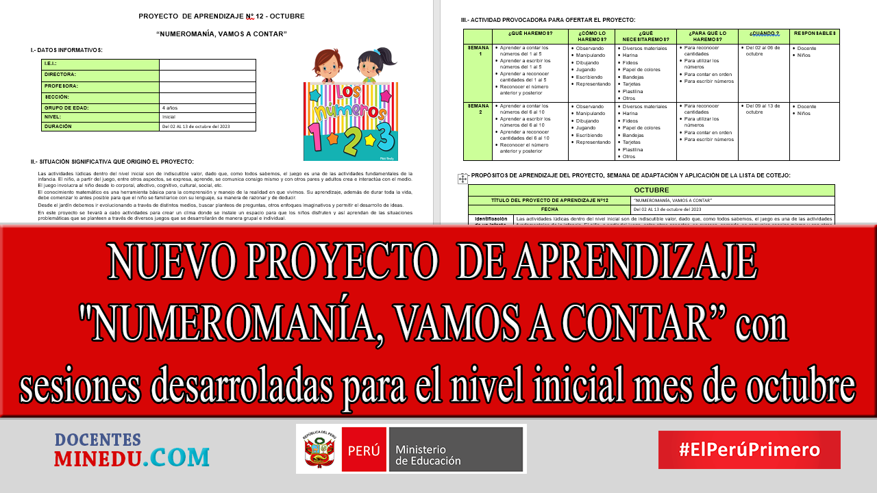 NUEVO PROYECTO  DE APRENDIZAJE «NUMEROMANÍA, VAMOS A CONTAR” con sesiones desarroladas para el nivel inicial mes de octubre