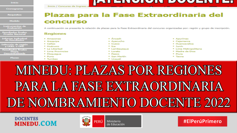MINEDU PUBLICA PLAZAS POR REGIONES PARA LA FASE EXTRAORDINARIA DE NOMBRAMIENTO DOCENTE 2022