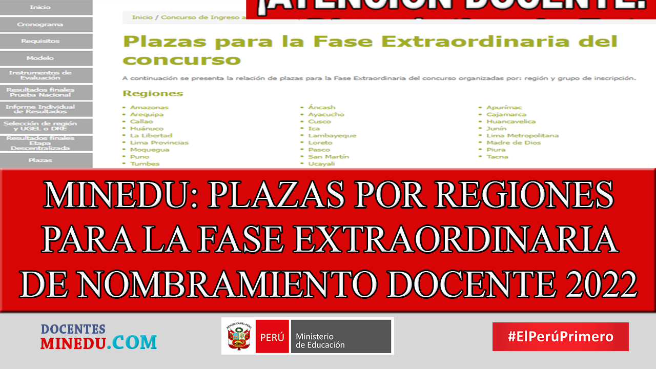 MINEDU PUBLICA PLAZAS POR REGIONES PARA LA FASE EXTRAORDINARIA DE NOMBRAMIENTO DOCENTE 2022