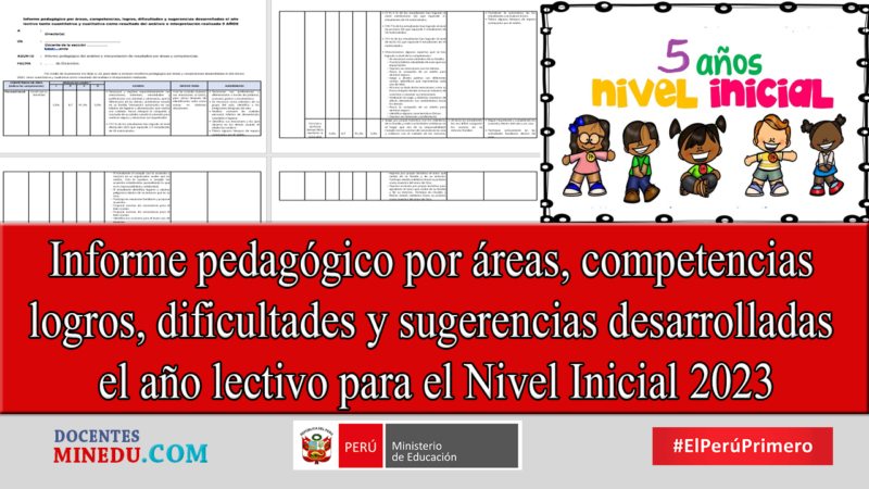 Informe pedagógico por áreas, competencias logros, dificultades y sugerencias desarrolladas el año lectivo para el Nivel Inicial 5 años
