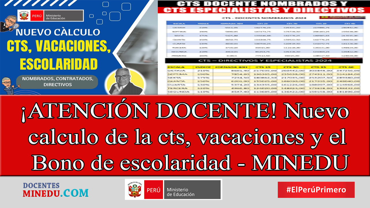 ¡ATENCIÓN DOCENTE! Nuevo calculo de la cts, vacaciones y el Bono de escolaridad – MINEDU