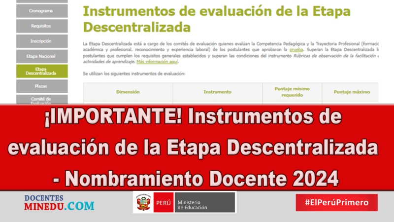 ¡IMPORTANTE! Instrumentos de evaluación de la Etapa Descentralizada – Nombramiento Docente 2024