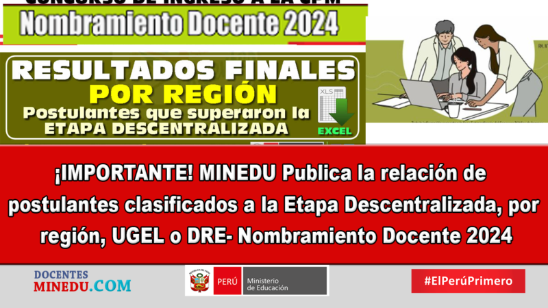 ¡IMPORTANTE! MINEDU Publica la relación de postulantes clasificados a la Etapa Descentralizada, por región, UGEL o DRE- Nombramiento Docente 2024