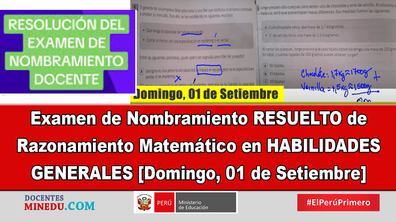 Examen de Nombramiento RESUELTO de Razonamiento Matemático en HABILIDADES GENERALES [Domingo, 01 de Setiembre]