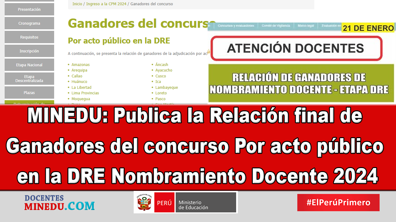 MINEDU: Publica la Relación final de Ganadores del concurso Por acto público en la DRE Nombramiento Docente 2024