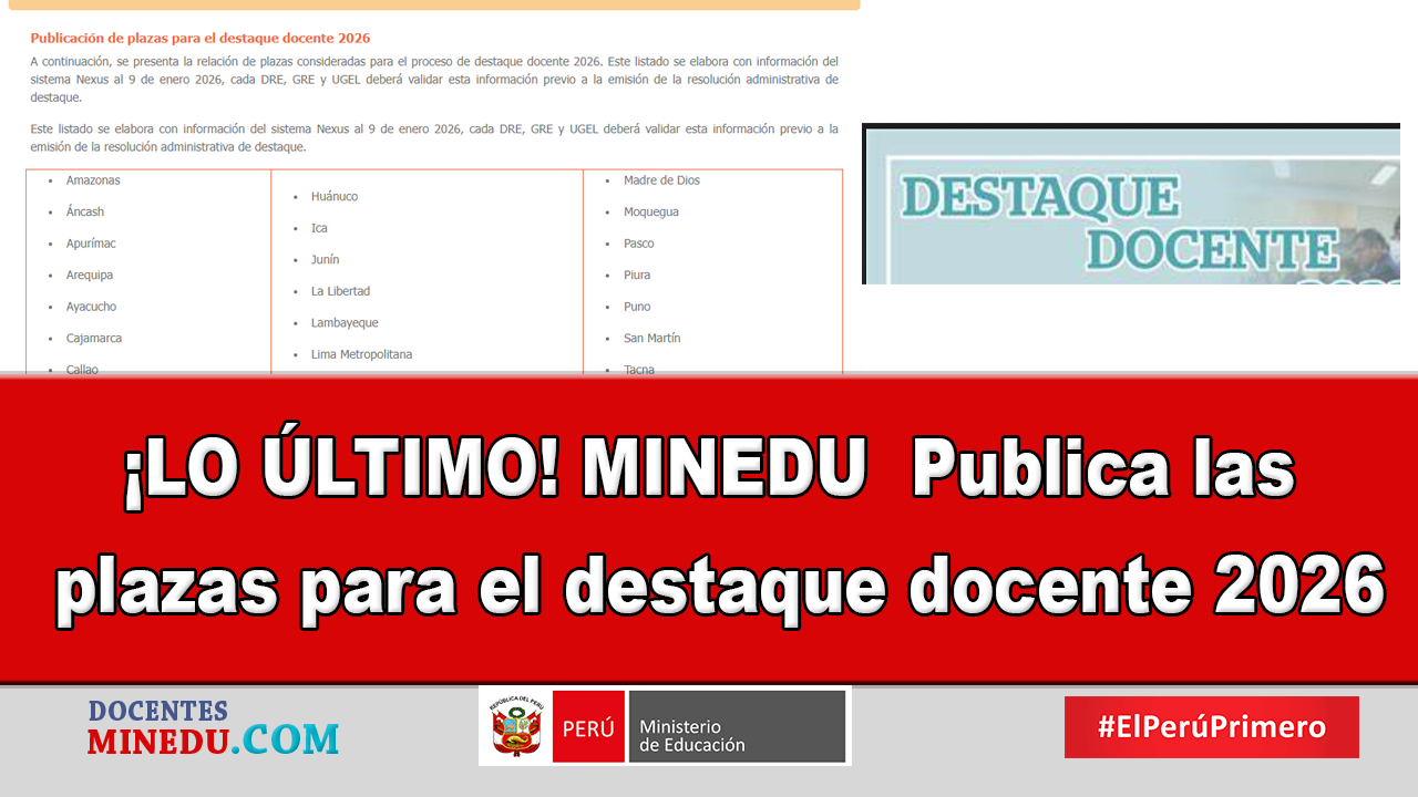 ¡LO ÚLTIMO! MINEDU  Publica las plazas para el destaque docente 2026