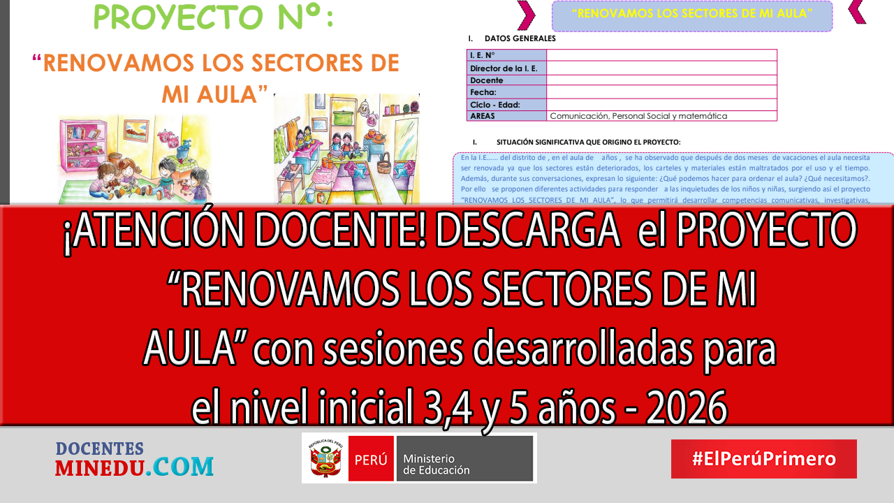 ¡ATENCIÓN DOCENTE! DESCARGA  el PROYECTO “RENOVAMOS LOS SECTORES DE MI AULA” con sesiones desarrolladas para el nivel inicial 3,4 y 5 años – 2026